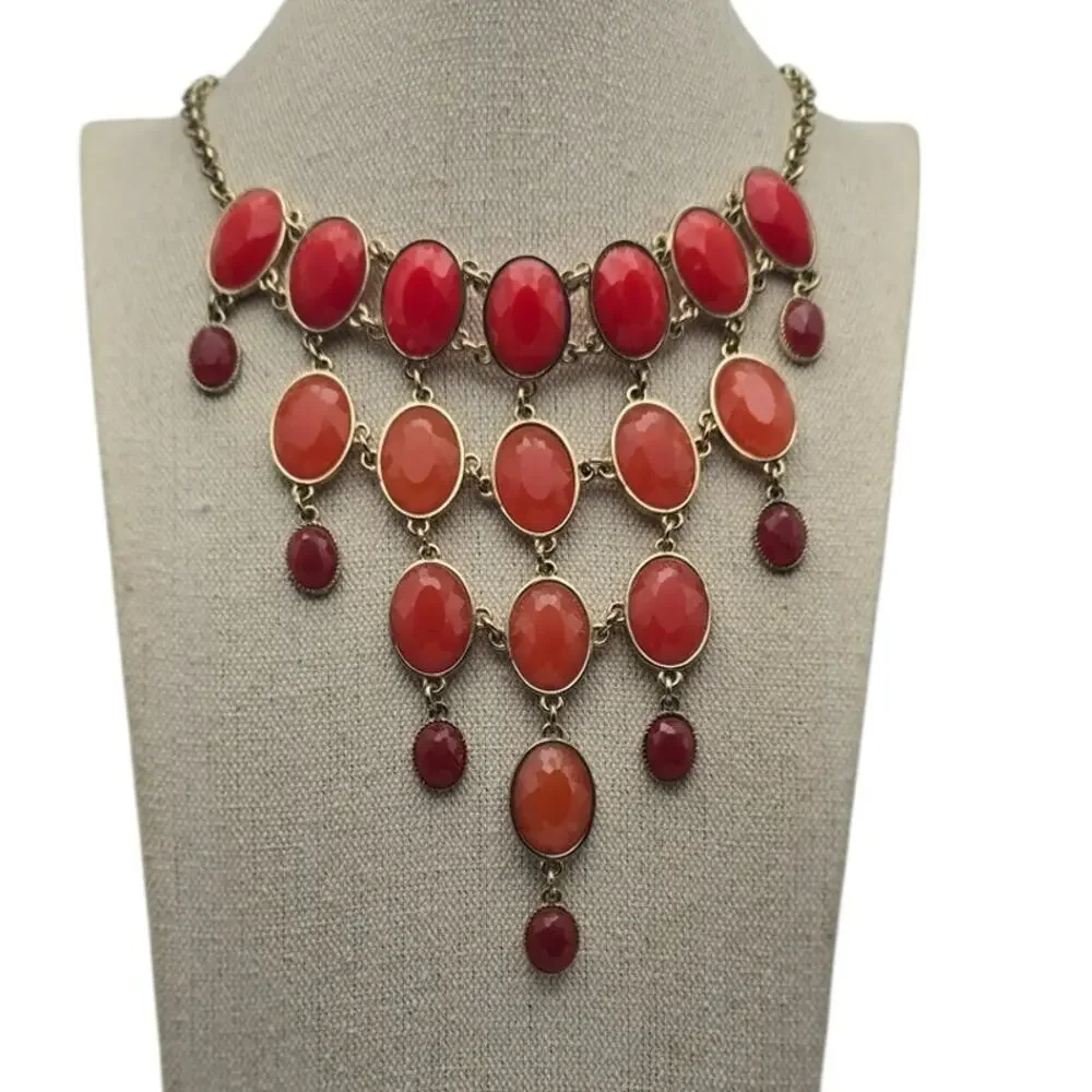 Coral Red Cabochon Necklace Gold Tone Cascading Elegant Glam